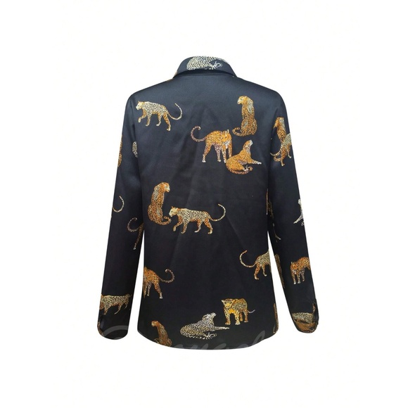 Animal Print Satin Button Up Long Sleeve Shirt Black - Picture 4 of 5